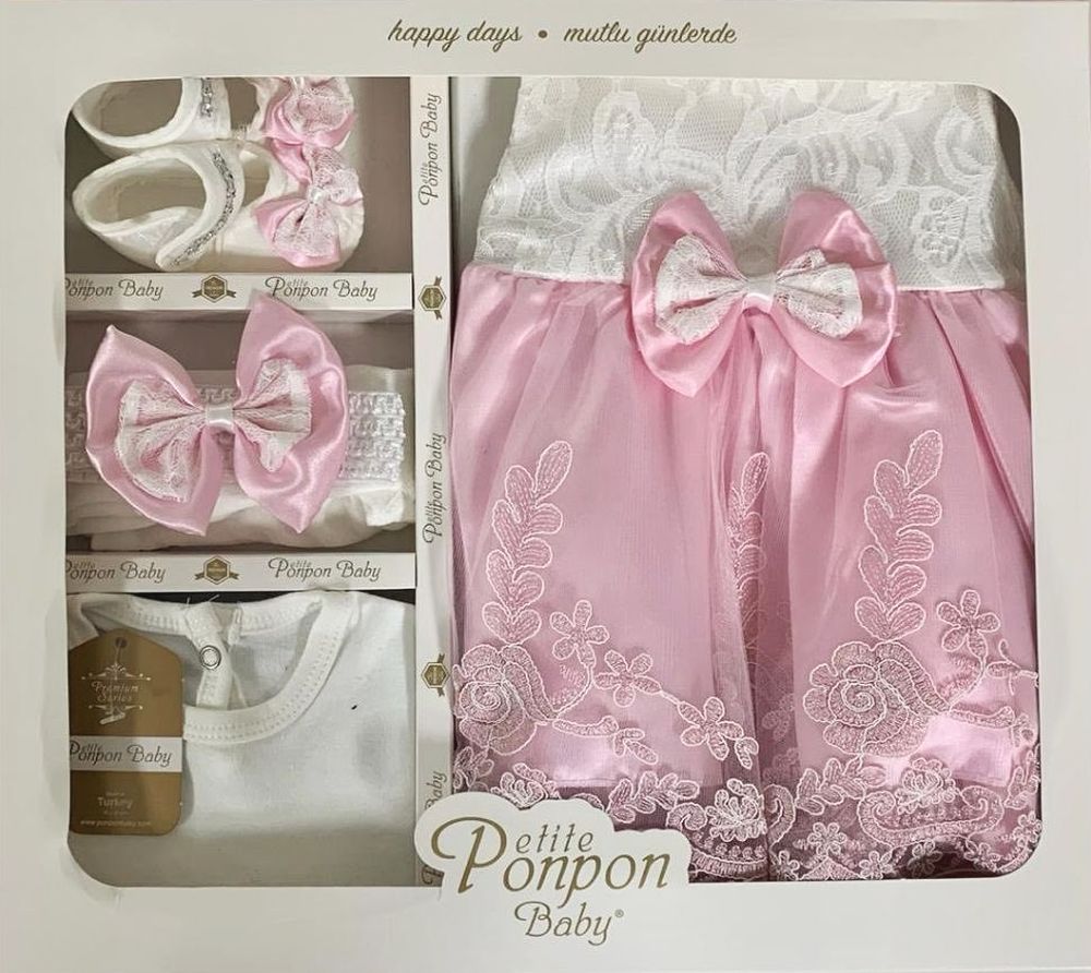 Set bebi u kutiji 5/1 haljina, bodi, traka, štrampice, cipelice, rozi, vel. 68/74