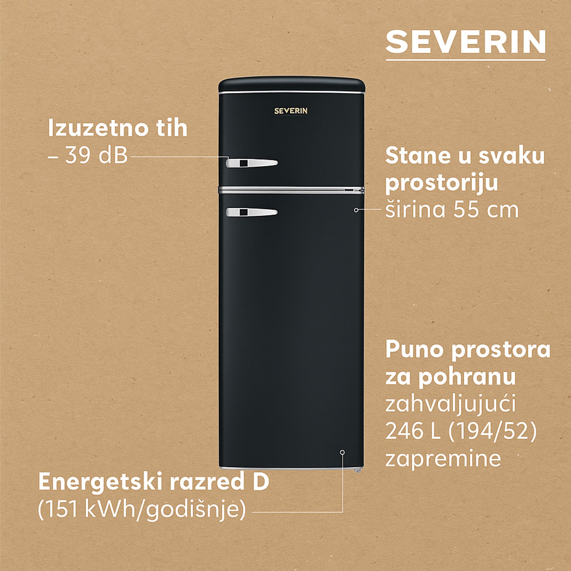 Severin Retro samostojeći hladnjak, crni, 246 L, RKG 8984