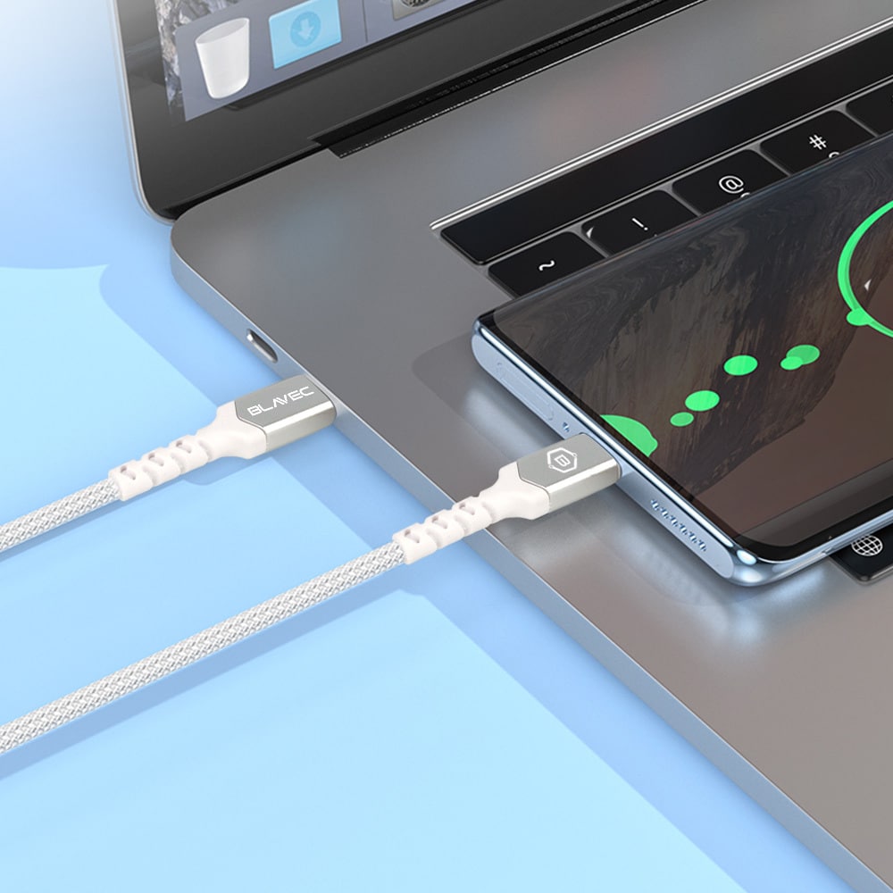 BLAVEC RAPTOR OPLETENI KABEL – TYPE- C NA LIGHTNING – PD 20W 2.4A 0.25 m bijelo-srebrni