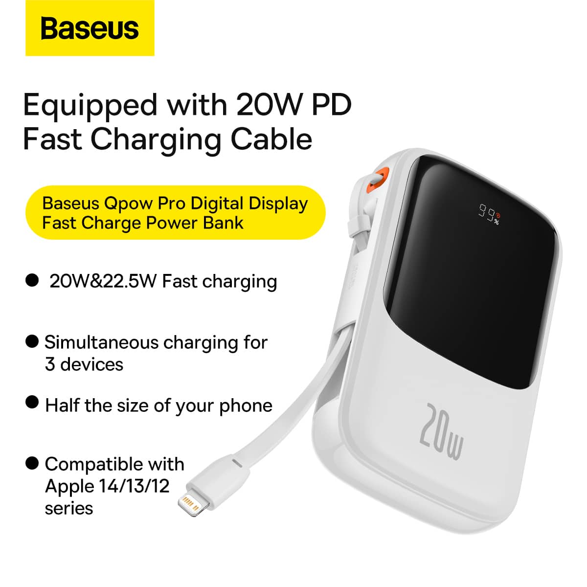 BASEUS POWER BANK 10000MAH QPOW PRO - USB + TYPE C - PD 20W SA LIGHTNING KABELOM BIJELI