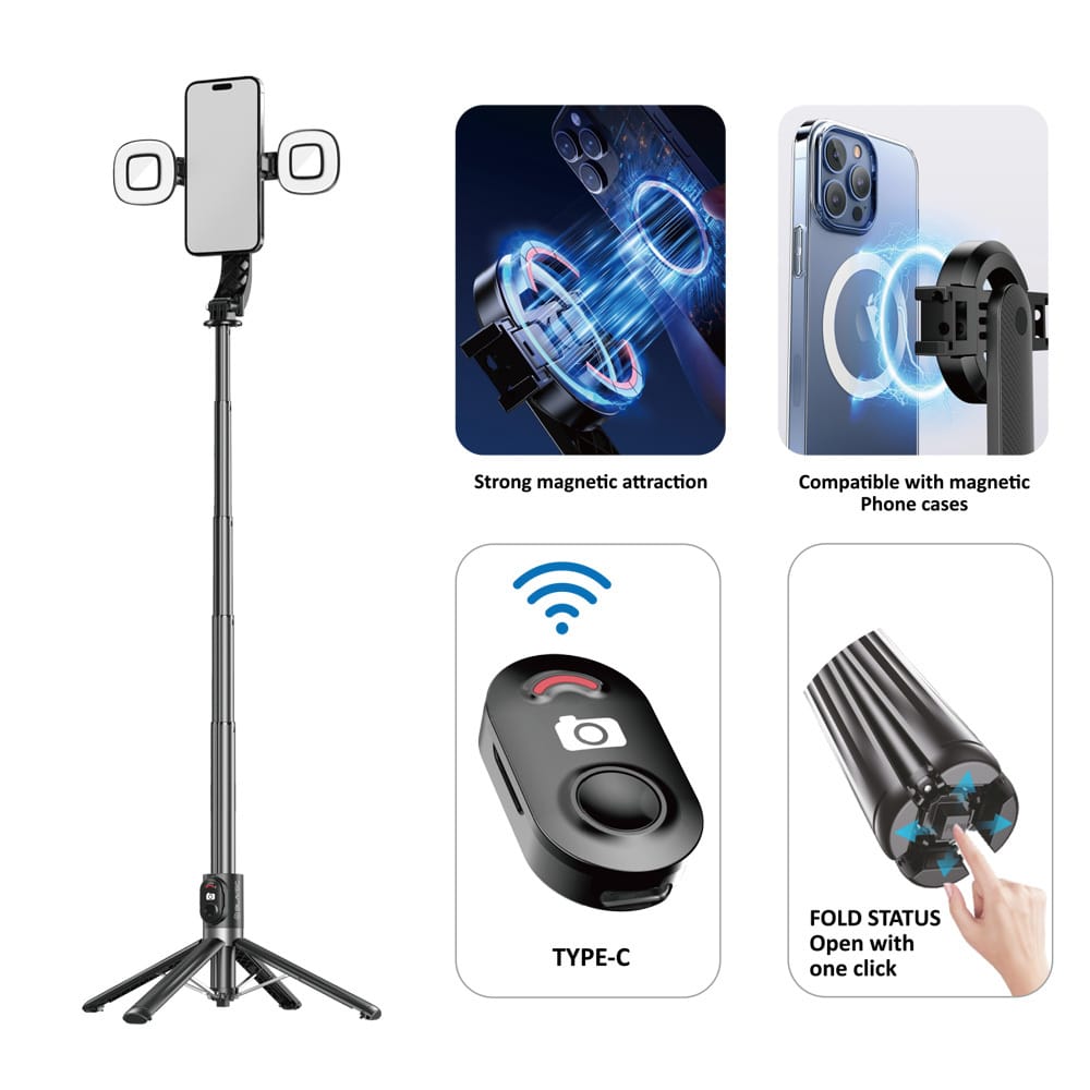 Blavec Selfie bot Aluminium Fusion P07 Magsafe állvány + távirányító + 2 lámpa 140 cm fekete