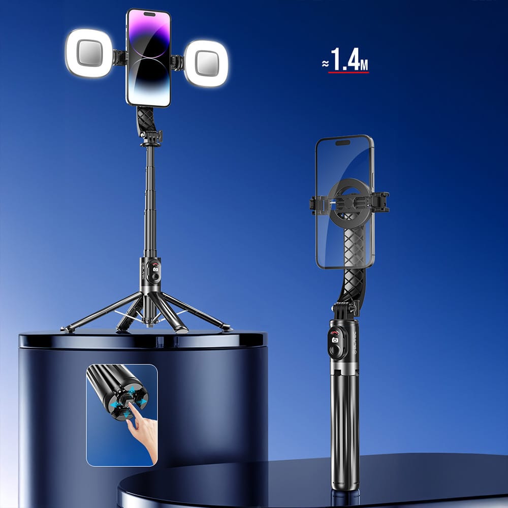 Blavec Selfie bot Aluminium Fusion P07 Magsafe állvány + távirányító + 2 lámpa 140 cm fekete
