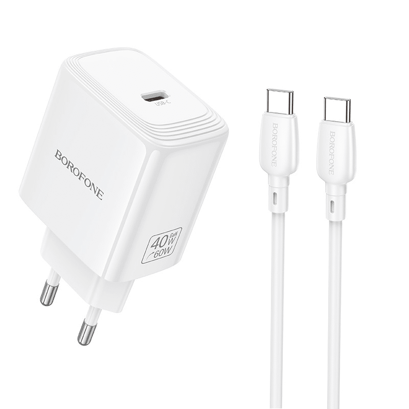 Zidni punjač s kabelom Type-C na Type-C Borofone Fuente GaN Type-C QC3.0 PD 40W bijeli