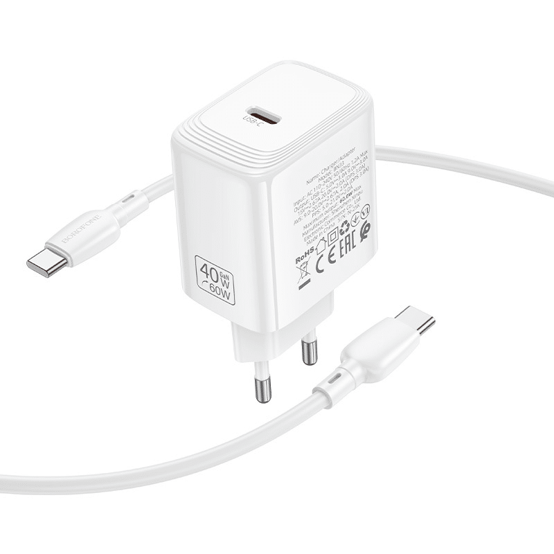 Zidni punjač s kabelom Type-C na Type-C Borofone Fuente GaN Type-C QC3.0 PD 40W bijeli