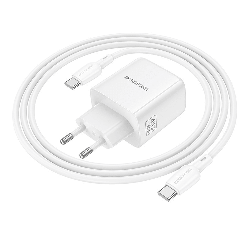 Zidni punjač s kabelom Type-C na Type-C Borofone Fuente GaN Type-C QC3.0 PD 40W bijeli
